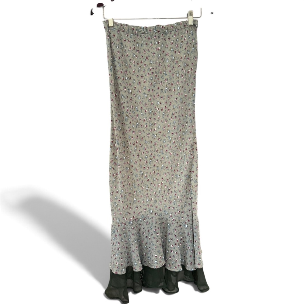 Vintage 90s Midi Skirt Green Floral Ruffle Hem Layered Boho Cottagecore Witchy